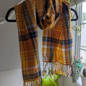 70"x13" soft knit scarf with tassels, Old Navy, yellow/brown plaid